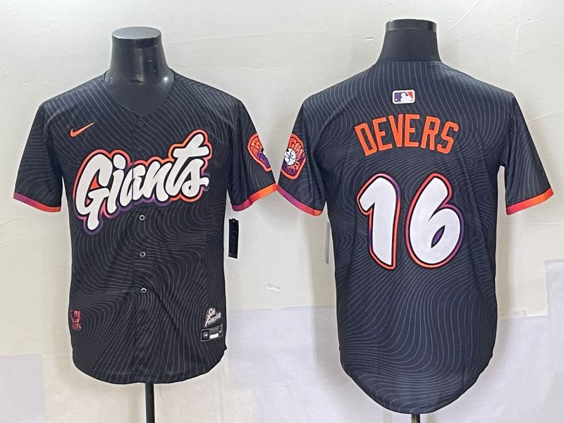 Men 2025 San Francisco Giants 16 Devers Black Joint Name Nike MLB Jersey style 2